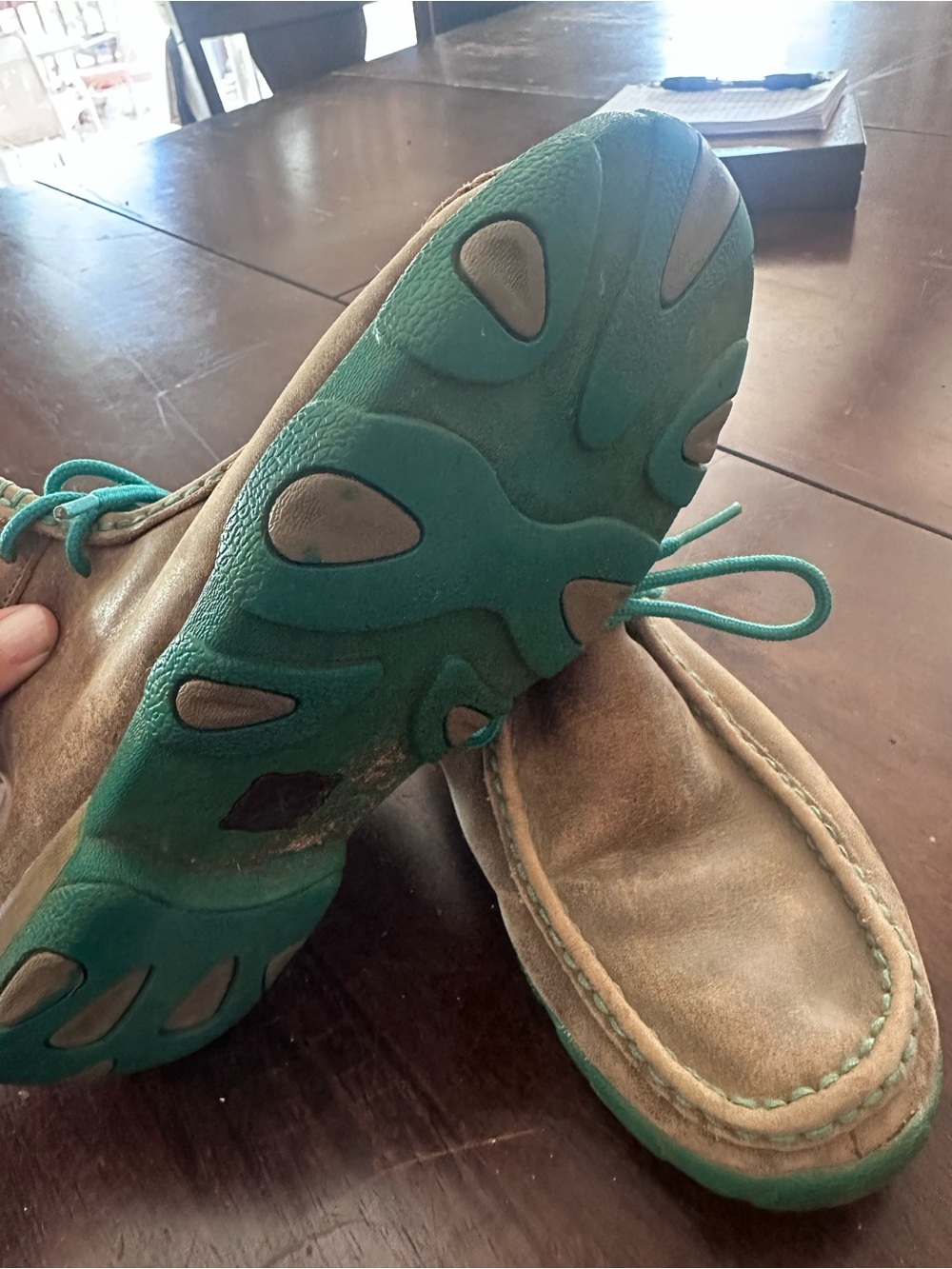 Ariat Brown Suede Moccasin Flats with Teal Laces - Picture 3 of 4